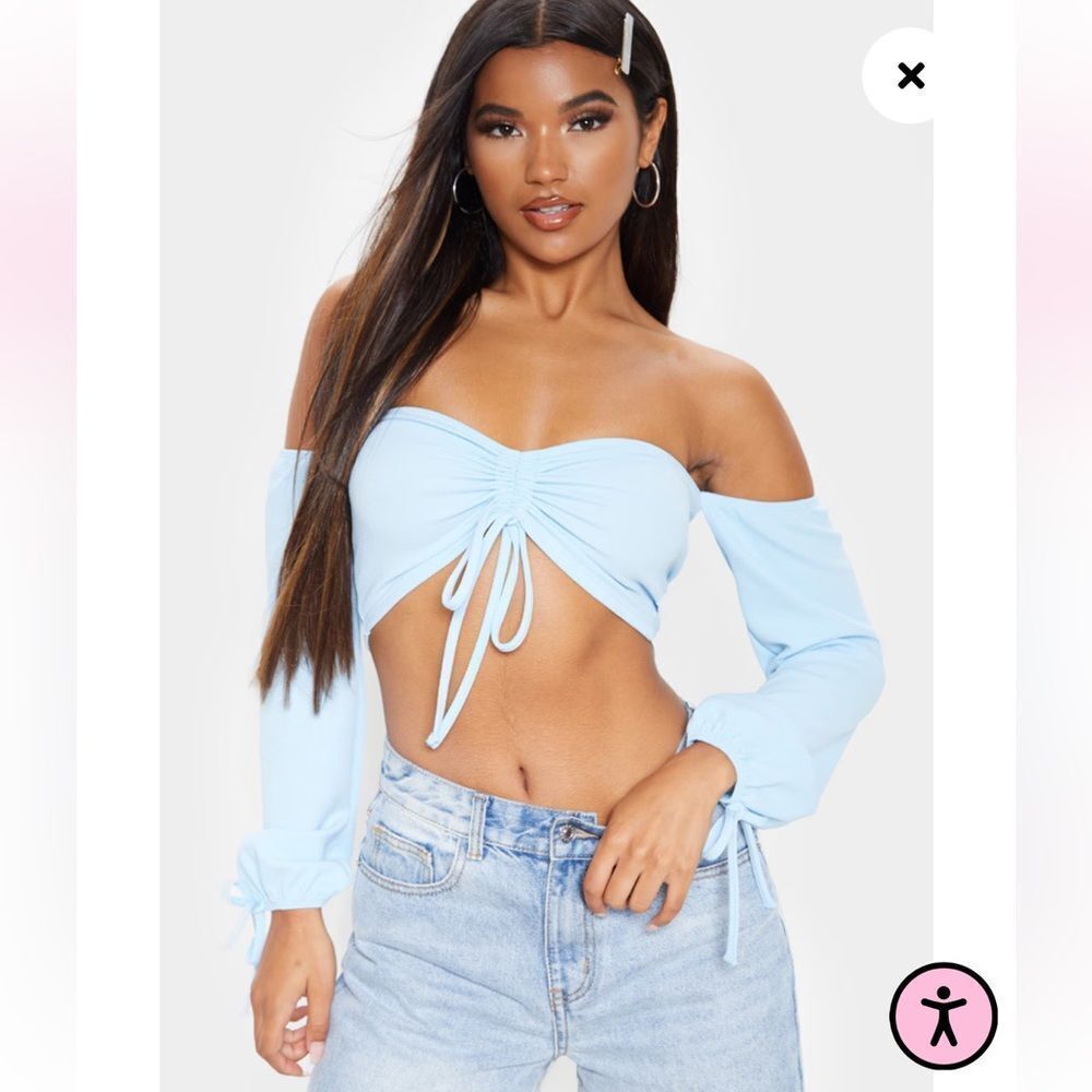 Pretty little‎ thing Baby Blue Ruched Detail Bardot Long Sleeve Crop Top 10
